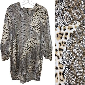 CAROLINE ROSE Vintage 100% Silk Long Tunic Blouse Top Shirt Leopard Snakeskin L